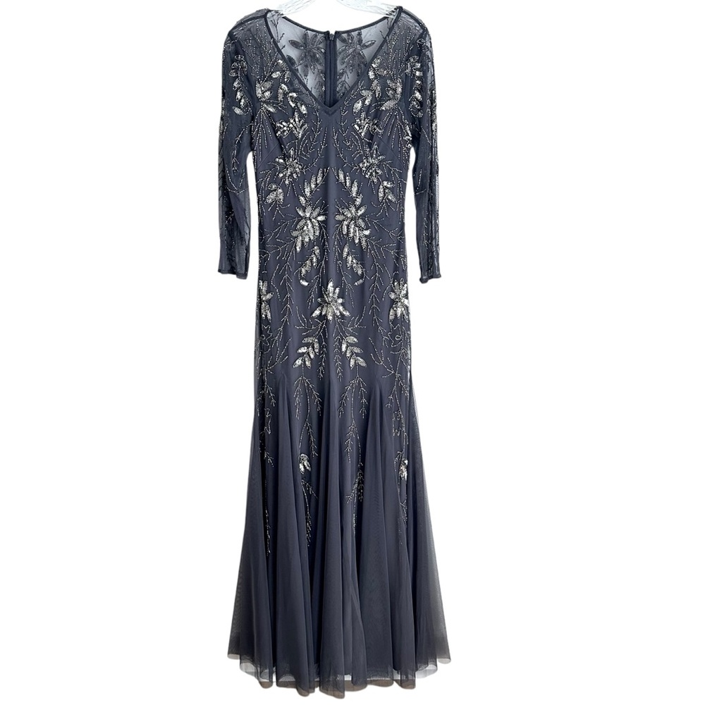 Oleg Cassini 3/4 Sleeve Beaded Gray and Gold Gown with Godets Size 8